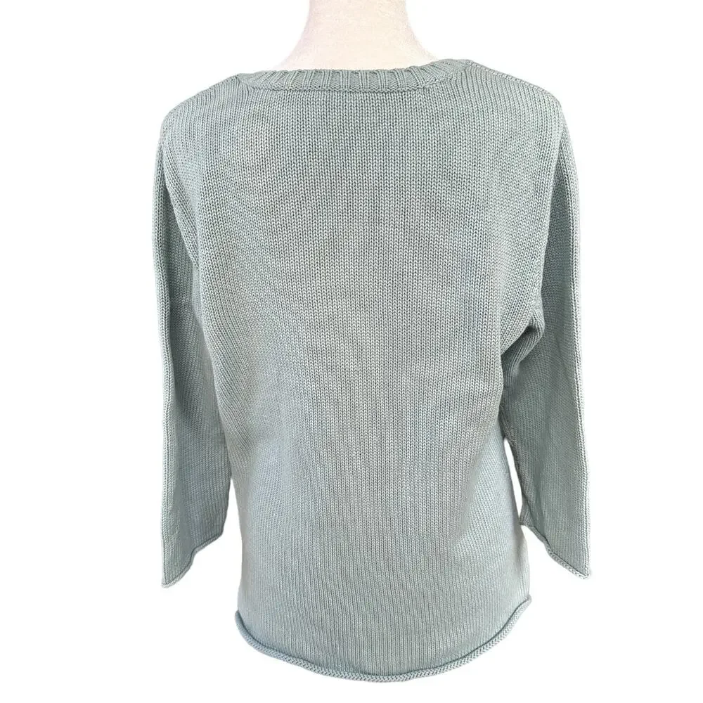 J.Jill‎ Blue V Neck Knit Sweater 3/4 Length Sleeves 100% Cotton Size Med Petite